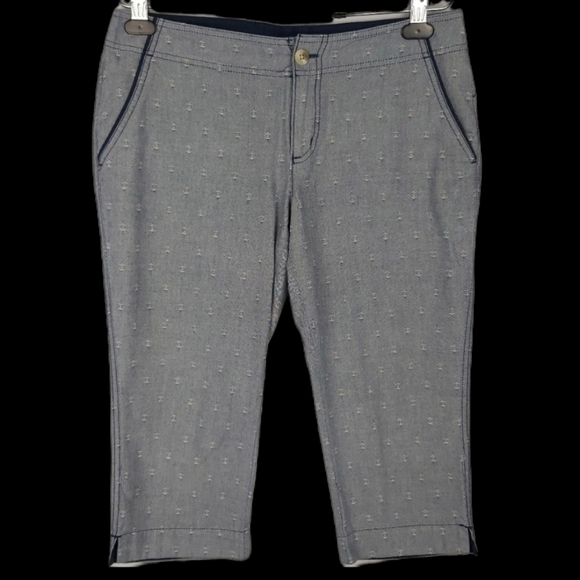 𝅺🍄3/50$🍄 Columbia PFG Capri Pants Anchor Pattern Embroidered Chambray Sz 8 - Picture 2 of 9